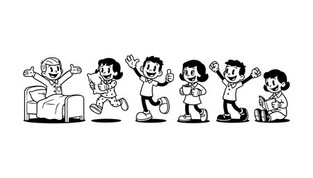 A retro cartoon sequence depicts cheerful children in a morning routine with waking pillow running and thumbs up in bold black and white.のイラスト素材