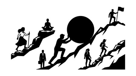 A minimalist vector silhouette composition depicts climbers pushing a large boulder meditating and reaching a summit used for editorial motivational designs boldのイラスト素材
