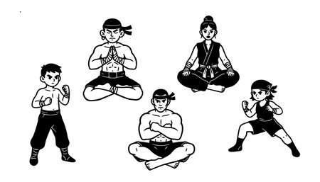 A high contrast black ink vector depicts children and adults practicing meditation and sparring in traditional stances for sports branding and editorial use calm.のイラスト素材
