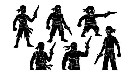A striking flat silhouette vector shows six pirate figures brandishing flintlock pistols in dynamic poses for stickers logos and apparel bold dramaticのイラスト素材