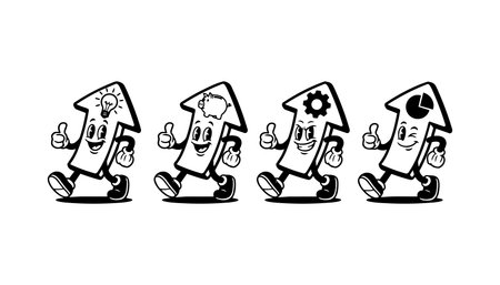 Playful retro cartoon vector shows four upward arrows with icons representing ideas savings settings...