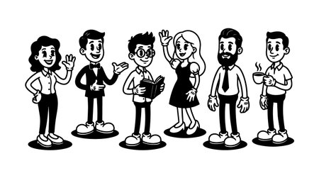 A retro cartoon vector shows diverse office colleagues posing and interacting with book and coffee...