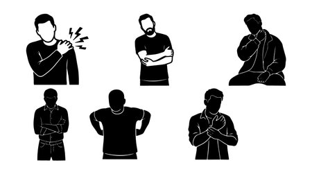 Silhouette vector set depicts men clutching shoulder and chest in varied poses for medical signage patient education and app icons calmのイラスト素材