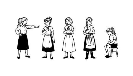 A line art vector shows five women in simple period dresses with pointing praying mending and seated poses for editorial illustrations and historical storytelling somberのイラスト素材