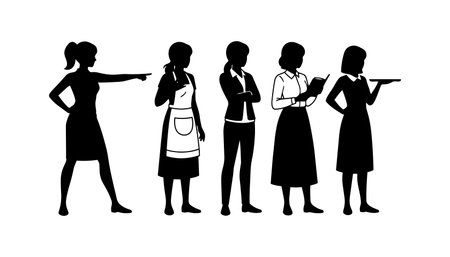 A minimalist flat vector depicts five female silhouettes performing pointing reading serving and standing in a clean editorial composition calmのイラスト素材