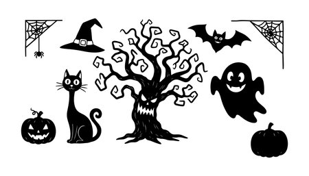 A flat silhouette set depicts a twisted haunted tree a floating ghost a sitting black cat carved pumpkins bat and witch hat for seasonal posters and stickers spookyのイラスト素材