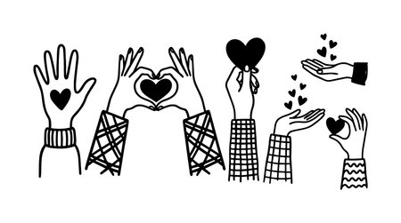 A playful line art collection shows multiple hands forming hearts holding heart icons and scattering small hearts for social media headers greeting cards joyfulのイラスト素材