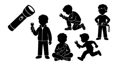 Flat vector shows children in silhouette using handheld flashlights in playful exploration poses for camping night or game themed icons and children activity graphics vibrantのイラスト素材