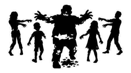 A  vector silhouette group shows five zombies reaching forward in torn clothing and ragged poses for halloween posters social media spooky designsのイラスト素材