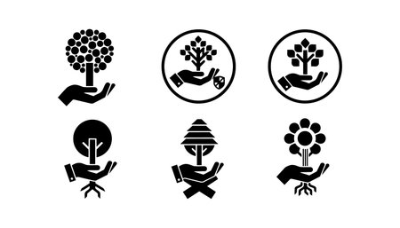 A set of minimalist black vector tree and hand icons shows sapling growth and roots used for logos branding signage and eco communication peacefulのイラスト素材
