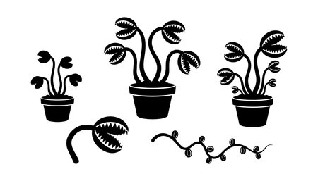 A flat vector displays multiple potted carnivorous plants with toothed traps in silhouette style used for stickers social media icons and spooky brandingのイラスト素材