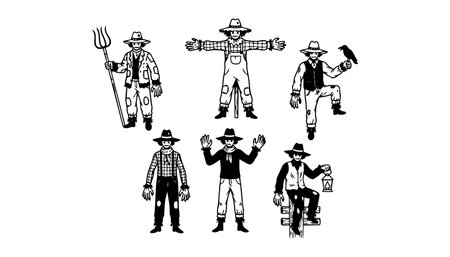 A set of six vintage ink scarecrow vectors shows varied poses with pitchfork lantern and crow for packaging posters and seasonal decor moodyのイラスト素材