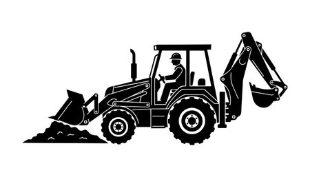 A flat vector silhouette shows a side view backhoe loader with operator excavating soil used in...