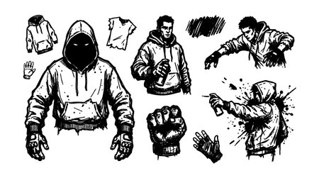 A tattoo flash ink sketch shows hooded vandals spraying graffiti and clenched fist motifs in black ink for stickers posters apparel and editorial use gritty.のイラスト素材