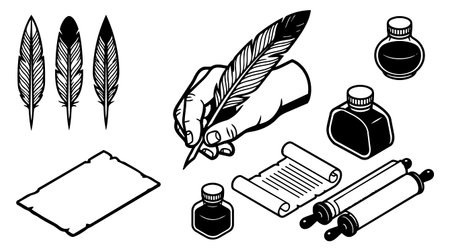 A vintage ink line art depicts a hand writing with a quill on parchment and scrolls with ink bottles for editorial and branding projects nostalgicのイラスト素材