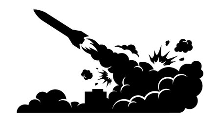 A flat vector silhouette depicts a rocket strike near an industrial building with dense smoke and...