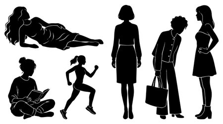 A minimalist silhouette vector set of female poses in flat design for editorial layouts social media and apparel mockups conveying calm dynamic and confident mood.のイラスト素材