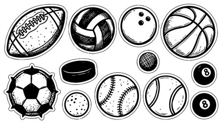 Playful hand drawn line art displays assorted sports balls in sticker like outlines for apparel prints posters and sport themed branding with bold monochrome contrast playfulのイラスト素材