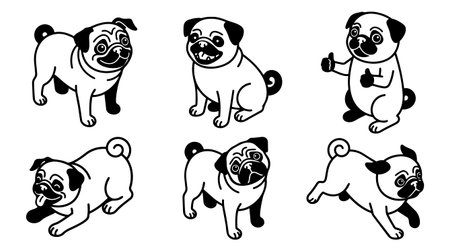 A set of six black and white line art pug vectors shows varied playful poses and expressions for icons stickers apparel and pet branding playfulのイラスト素材