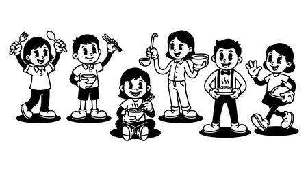Playful retro cartoon 50s vector shows six children eating and serving bowls with utensils in black and white line art for kids menu playfulのイラスト素材
