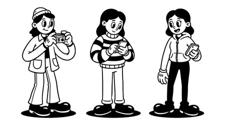 Three girls stand in black and white line art; one holds a handheld camera, one uses a smartphone,...