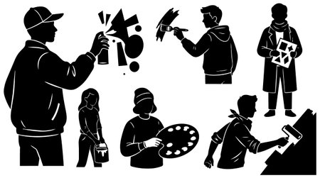 Black and white silhouette vector shows six artists using spray can brush palette bucket and roller...