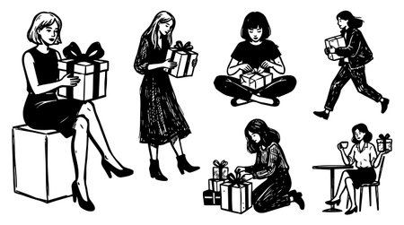 Hand drawn black and white line art shows six women handling wrapped gifts in varied poses including sitting kneeling standing and walking.のイラスト素材