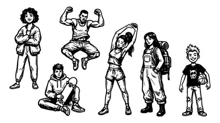 A monochrome ink illustration shows six young people in distinct poses including a seated...