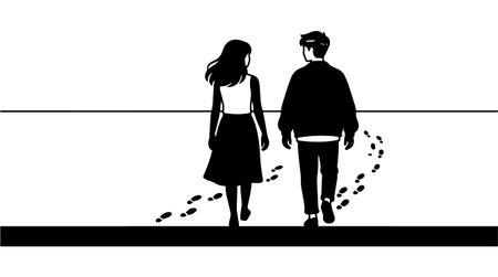A black and white vector illustration shows a couple from the back walking away along a minimalist horizon leaving footprints.のイラスト素材