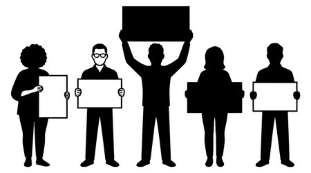 Five black silhouettes stand holding blank placards and signs in a landscape composition, simple...