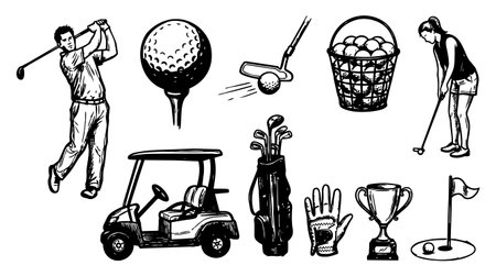 Monochrome line art shows a male golfer mid swing and a female player putting with a cart, bag, basket of balls, glove, trophy, and flag.のイラスト素材