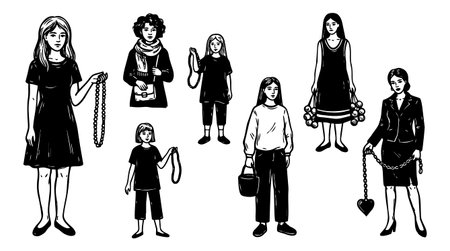 Seven women drawn in black and white line art stand in varied poses holding chains ropes a bucket purse and a heart pendant in a minimal graphic style.のイラスト素材