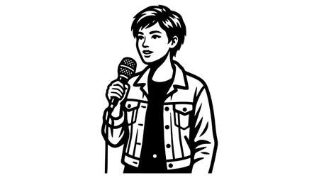 A black and white line art portrait shows a young singer holding a wired microphone and wearing a buttoned denim jacket with short hair.のイラスト素材