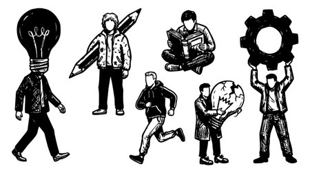 Hand drawn black and white figures show a walking lightbulb head student with a pencil seated reader runner man holding a cracked globe and figure lifting a gearのイラスト素材