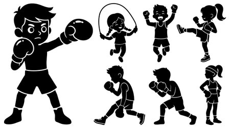 Black and white vector illustration shows child silhouettes boxing jumping rope and kicking wearing gloves and shorts in energetic action posesのイラスト素材