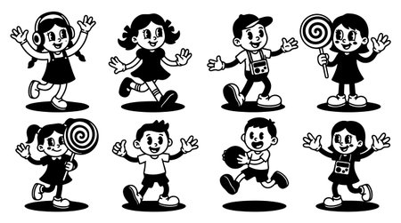 Eight retro style children walk and play holding lollipops one wears headphones another carries a radio and one holds a ball in black and whiteのイラスト素材