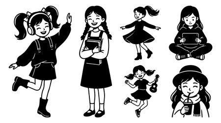 Monochrome vector shows five smiling girls in different poses dancing reading playing ukulele using a tablet and sipping a winter drinkのイラスト素材