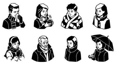 Eight high contrast black and white vector icons show winter people wearing scarves hoods coats...