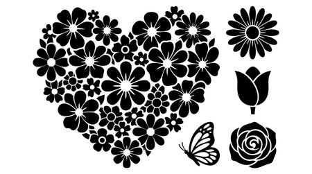 A black and white vector shows a floral heart composed of varied flower silhouettes with separate daisy tulip butterfly and rose icons in flat design.のイラスト素材