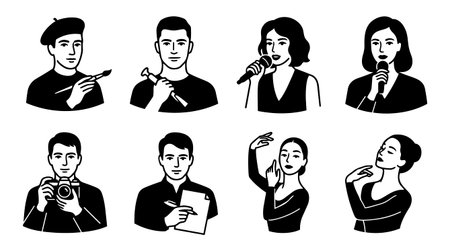 Black and white vector icons of a painter in a beret with a brush a sculptor with a hammer singers with microphones a photographer a writer and dancersのイラスト素材