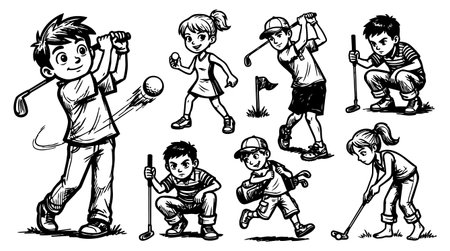 Seven cartoon children in black and white line art play golf in different poses swinging, putting, crouching to read the green, and carrying a bag.のイラスト素材