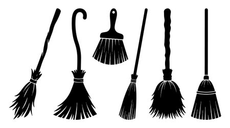 Six black and white broom silhouettes show varied handle curves and distinct bristle styles in clean flat line art for cleaning and household motifs.のイラスト素材