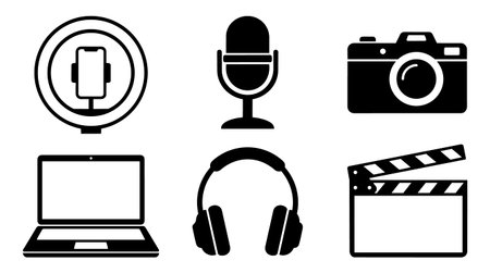 Six black and white vector icons depicts a ring light with phone, microphone, camera, laptop, headphones, and an open clapperboard in flat line art style.のイラスト素材