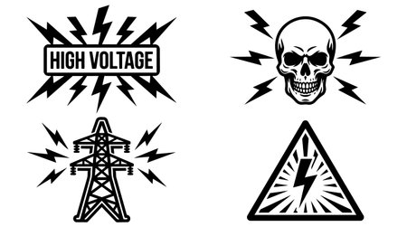 Bold black and white vector icons show a high voltage label skull with lightning rays a transmission tower and a warning triangle with bolt.のイラスト素材