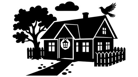 A black and white vector silhouette of a cottage with a lantern wreath on the door, a bird perched on the roof and a picket fence surrounding the yard.のイラスト素材