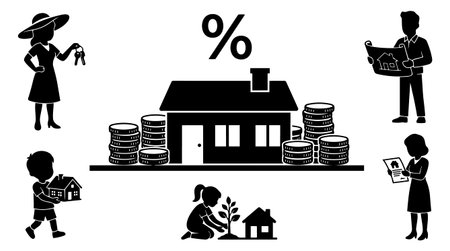 A black and white vector shows a house with stacked coins and a percent sign surrounded by silhouetted figures holding keys blueprints paperwork and a child planting a saplingのイラスト素材