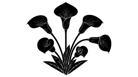 A black and white vector shows six calla lilies with curved stems and stylized leaves in bold line art.のイラスト素材