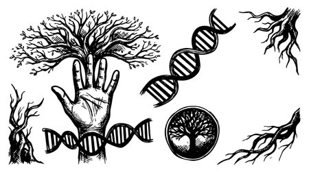 A black and white engraving style vector showing a hand with a tree growing from the palm paired with dna helix strands roots and a circular tree emblemのイラスト素材