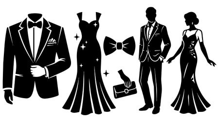Black and white vector art shows formalwear silhouettes including fitted evening gowns, a tuxedo jacket, bow tie, clutch and a standing couple in dress clothes.のイラスト素材