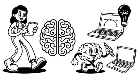 Shows a black and white retro cartoon style smiling brain mascot beside a walking girl taking notes...